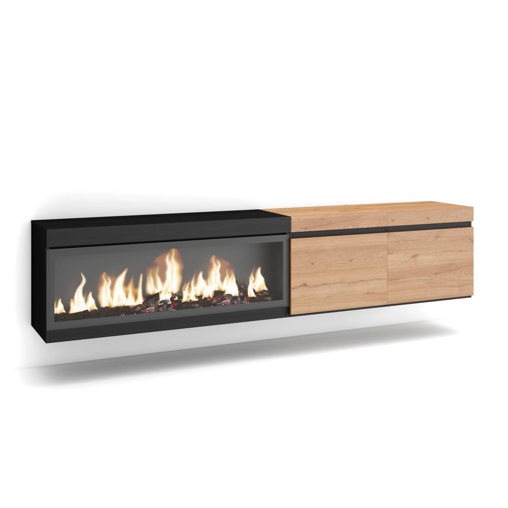 Meuble tv effet bois de chêne noir 208x35x45cm cheminée effet feu XXL