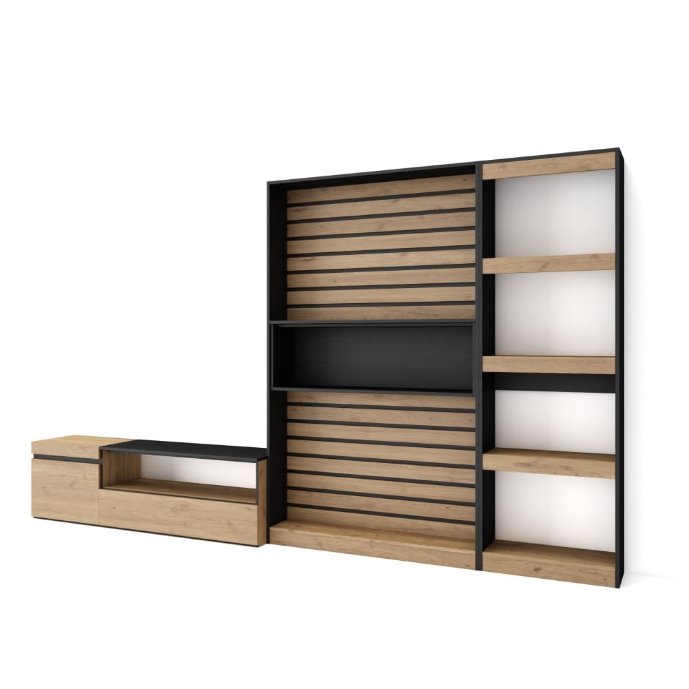 Ensemble Meuble TV effet bois de chêne et noir 320x35x186cm