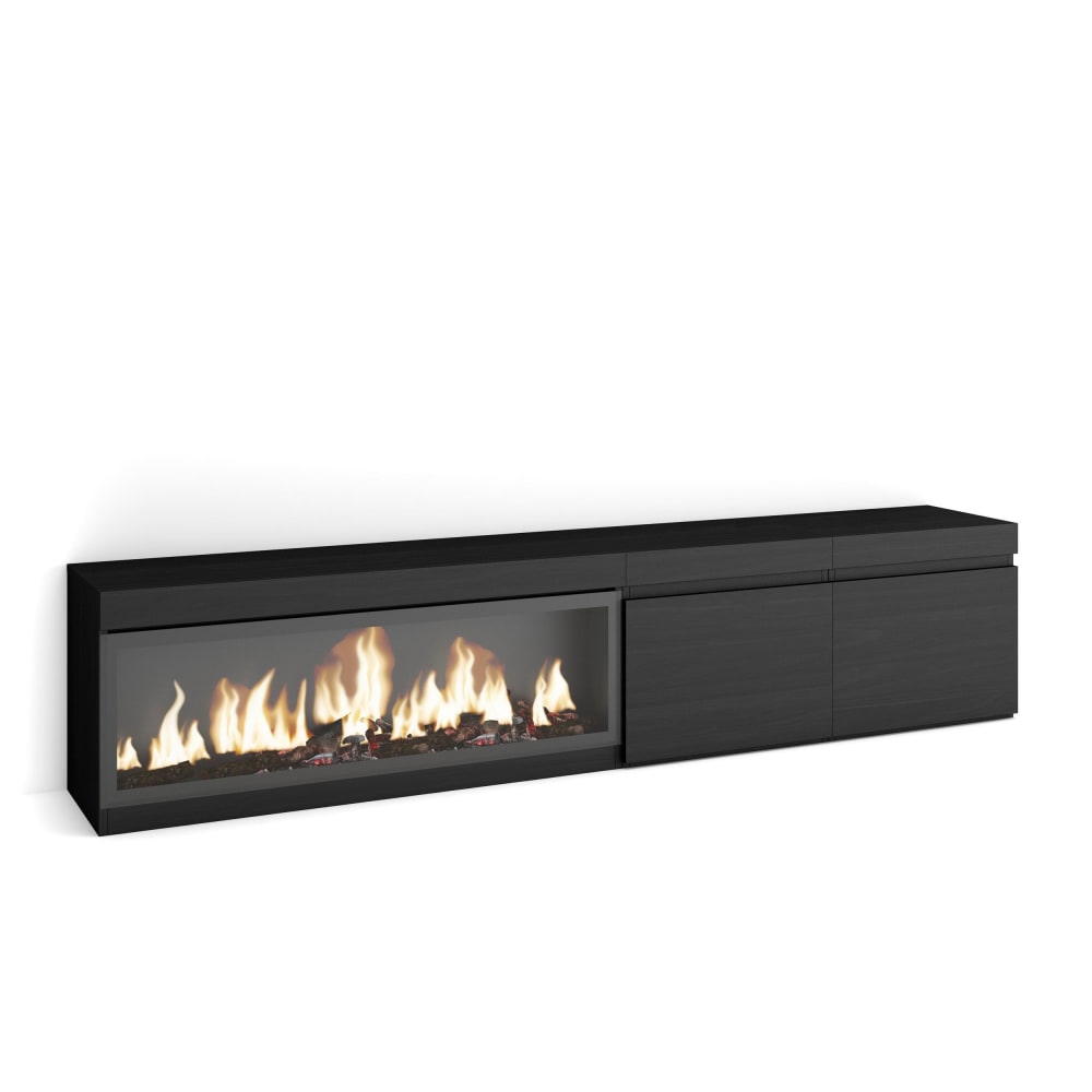Meuble tv effet bois noir 208x35x45cm cheminée effet feu XXL