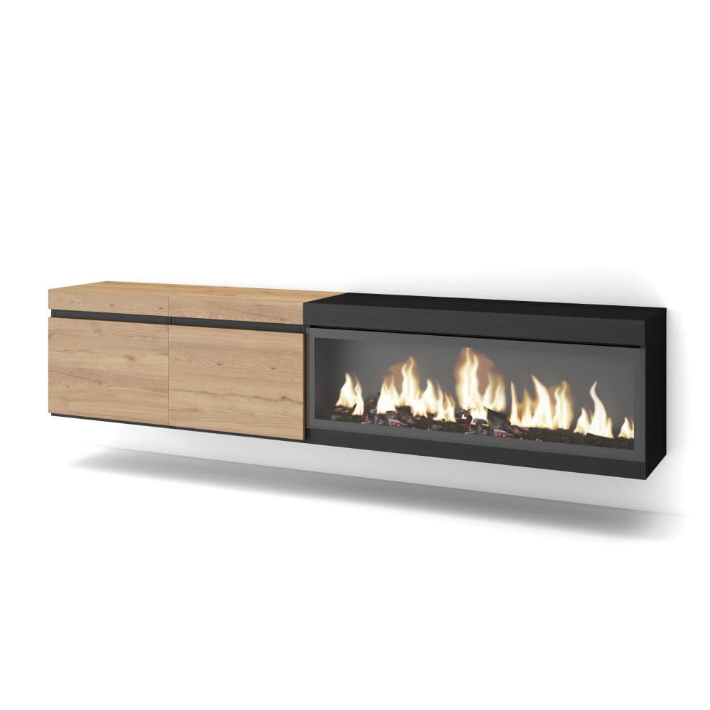 Meuble tv effet bois de chêne noir 208x35x45cm cheminée effet feu XXL