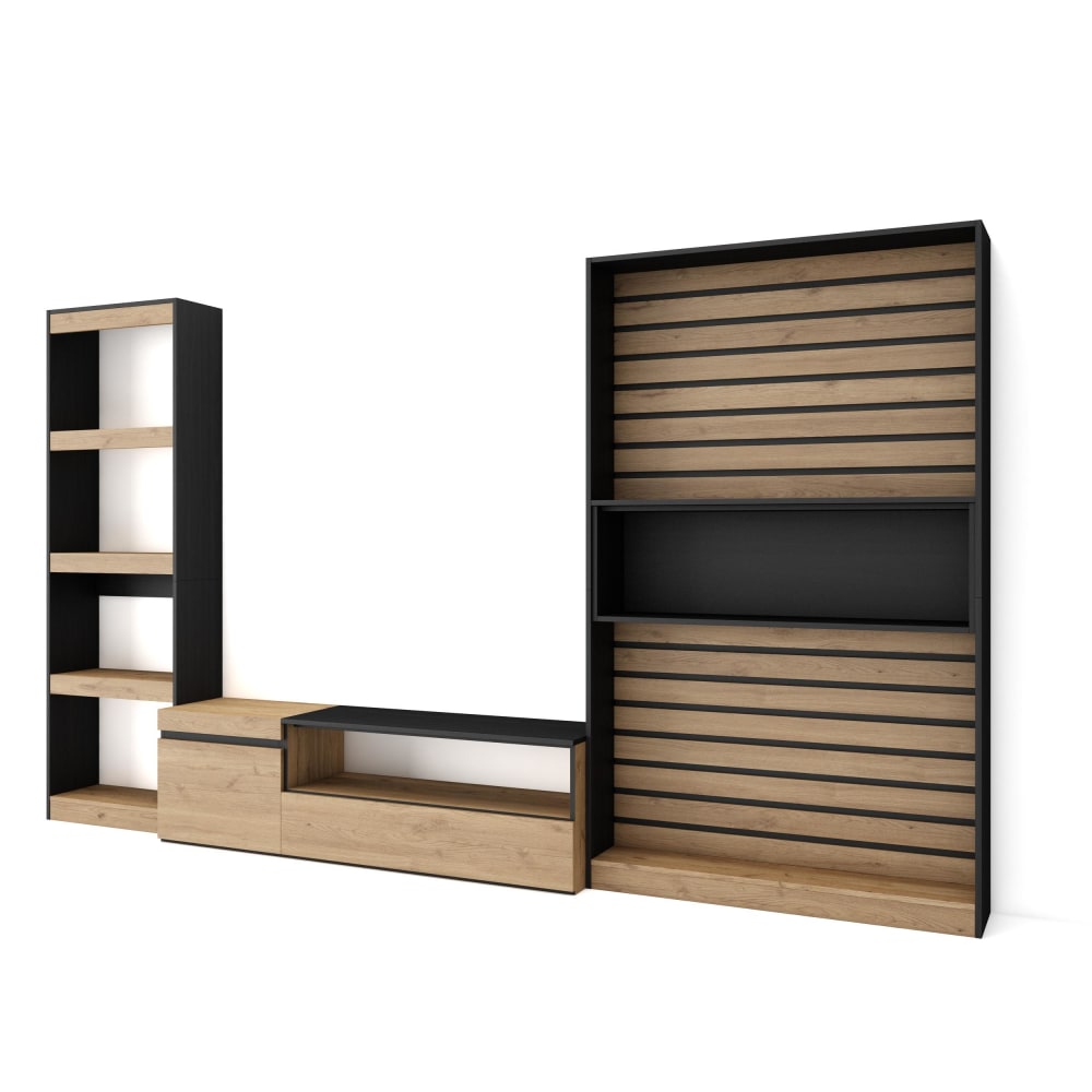 Ensemble Meuble TV effet bois de chêne et noir 320x35x186cm