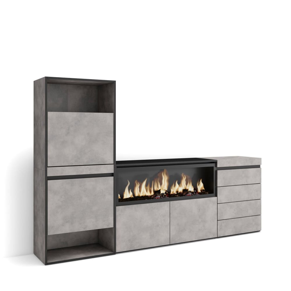 Meuble à Chaussures effet bois ciment 224x35x145cm cheminée effet feu