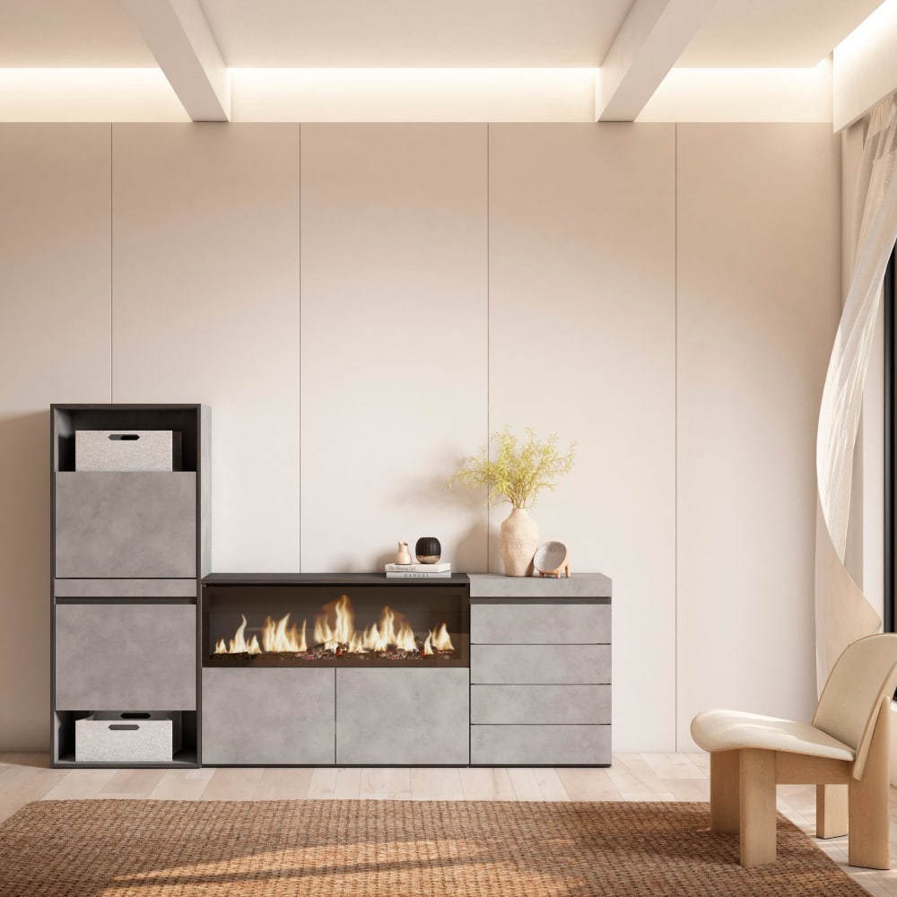 Skraut home Schuhschrank Holzeffekt Kamin mit Feuereffekt XXL 224x35x145cm Zement style modern Grau Spanplatte