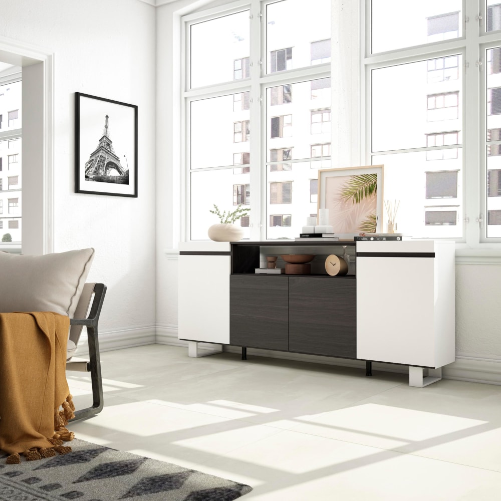 Skraut home Sideboard Holzeffekt mit Beinen 200x35x87cm Weiß und Schwarz style modern Weiß Spanplatte