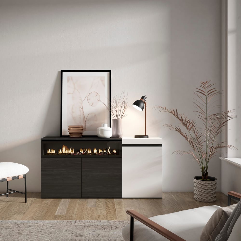 Skraut home Sideboard Holzeffekt Kamin Feuereffekt 150x35x75cm Weiß und Schwarz style modern Weiß Spanplatte