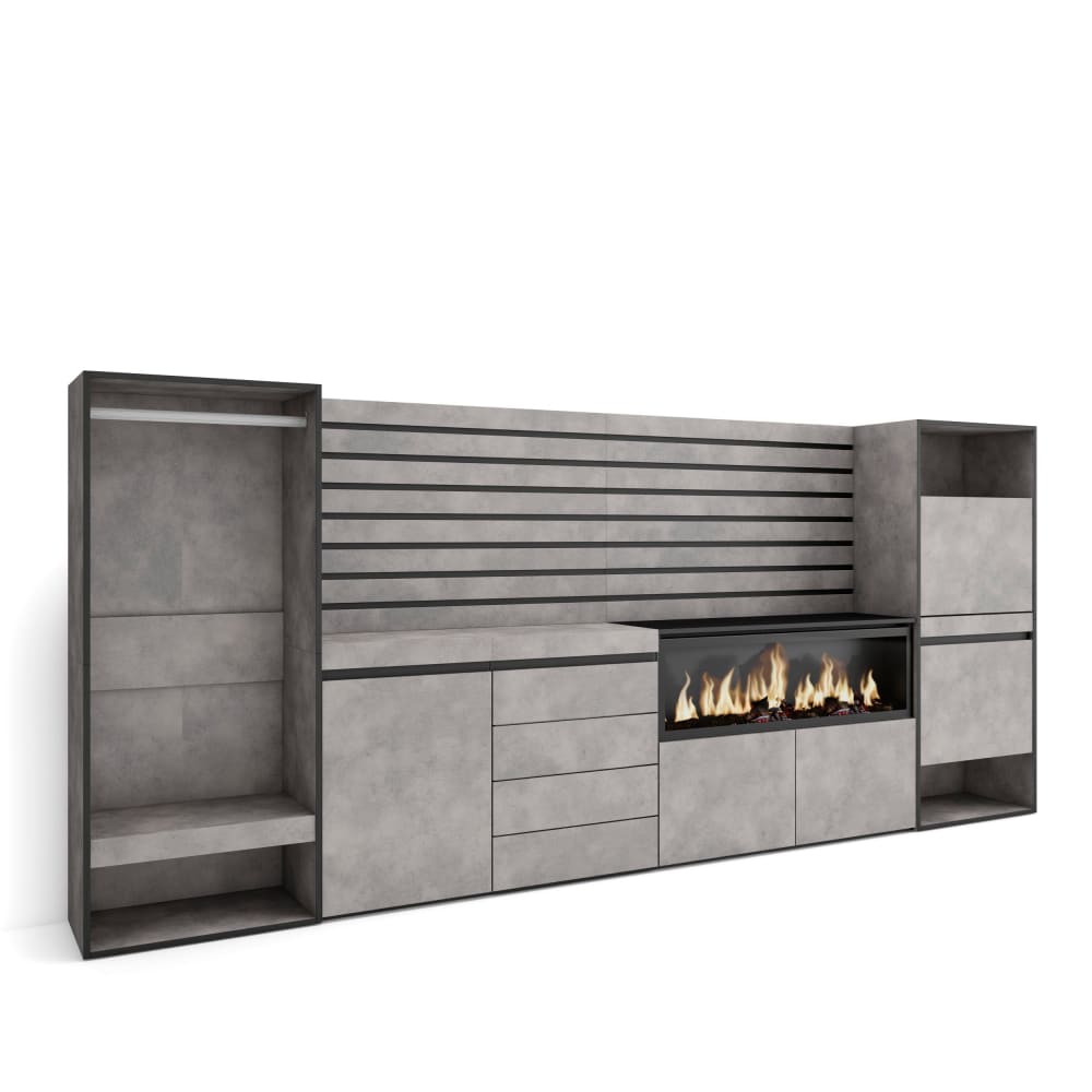 Buffet effet bois ciment 334x35x145cm cheminée effet feu XXL