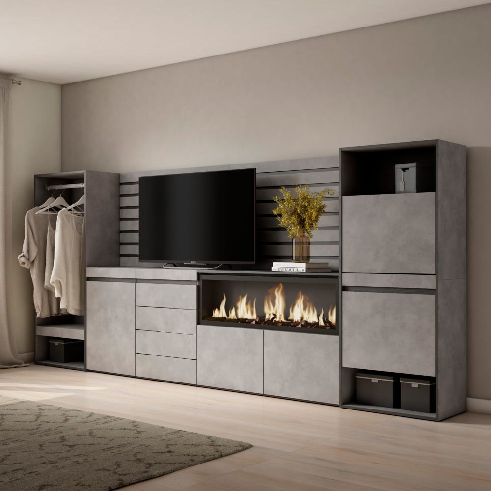 Skraut home Sideboard Holzeffekt Kamin mit Feuereffekt XXL 334x35x145cm Zement style modern Grau Spanplatte