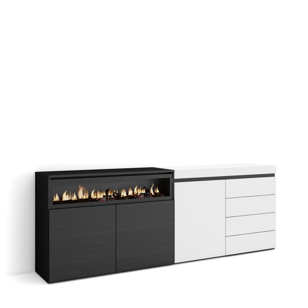 Buffet effet bois blanc 207x35x75cm cheminée effet feu