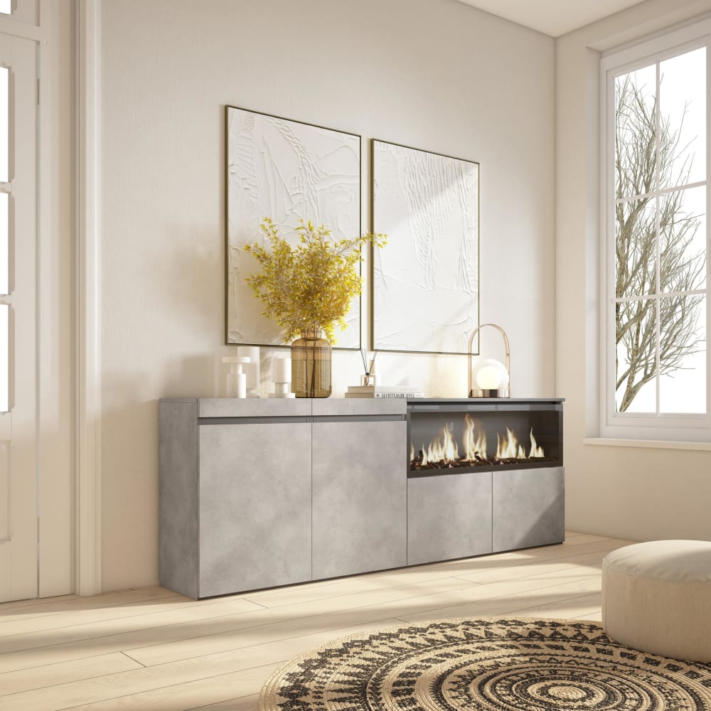 Skraut home Sideboard Holzeffekt Kamin mit Feuereffekt XXL 208x35x75cm Zement style modern Grau Spanplatte