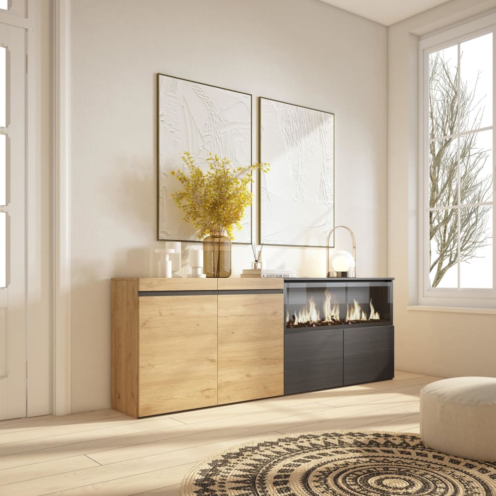 Skraut home Sideboard Holzeffekt Kamin mit Feuereffekt 208x35x75cm Eiche Schwarz style modern Beige Spanplatte