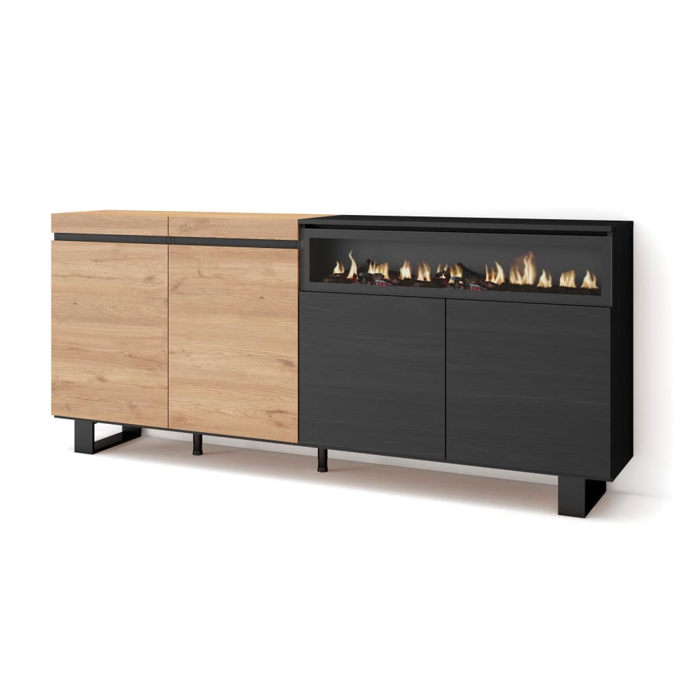 Buffet effet bois de chêne et noir 200x35x87cm cheminée effet feu