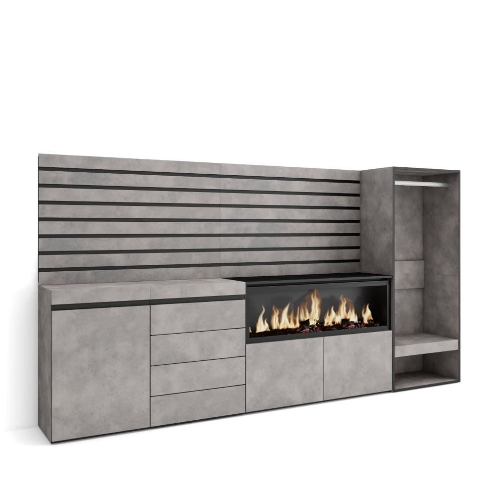 Buffet effet bois ciment 274x35x145cm cheminée effet feu XXL