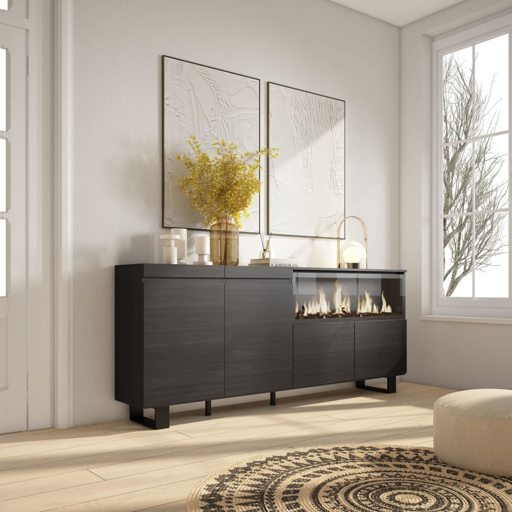 Skraut home Sideboard Holzeffekt Kamin mit Feuereffekt XXL 208x35x87cm Schwarz style modern Schwarz Spanplatte