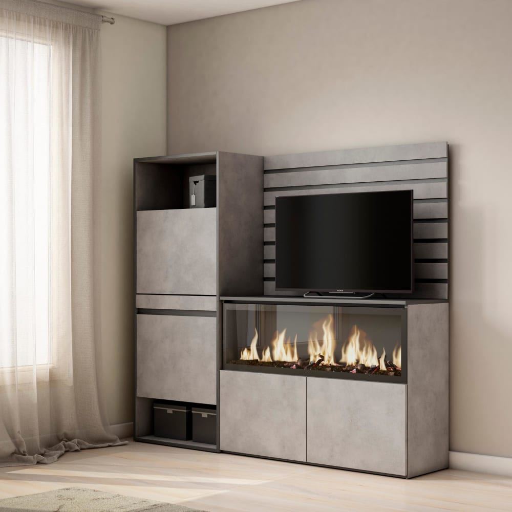 Skraut home Sideboard Holzeffekt Kamin mit Feuereffekt XXL 167x35x145cm Zement style modern Grau Spanplatte