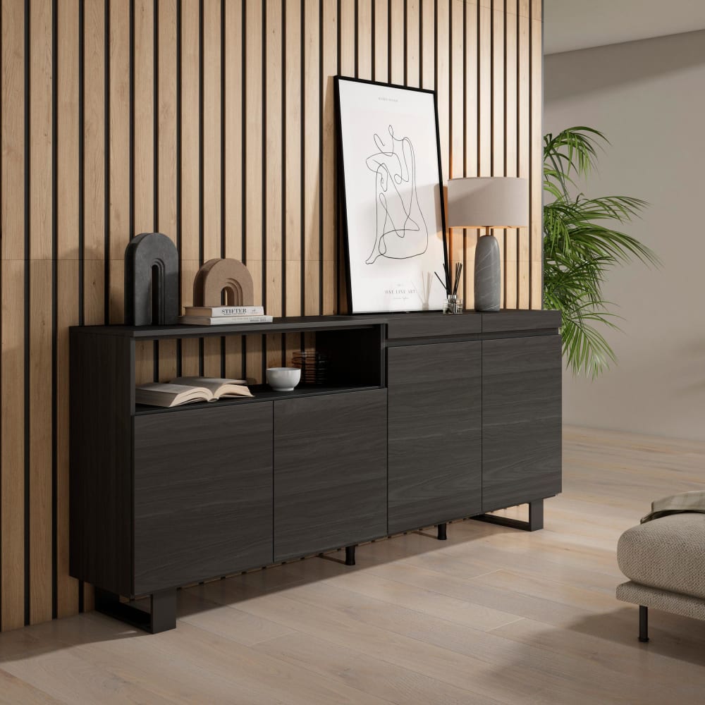 aparador efecto madera negro 200x35x87cm con patas