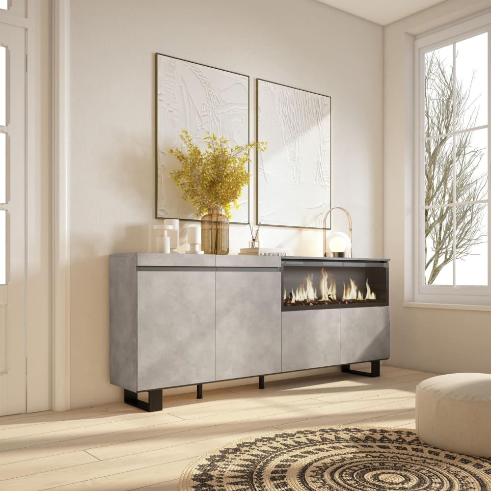 Skraut home Sideboard Holzeffekt Kamin mit Feuereffekt XXL 208x35x87cm Zement style modern Grau Spanplatte