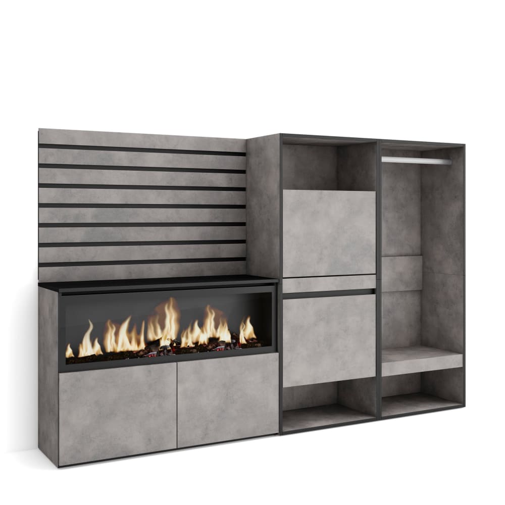 Buffet effet bois ciment 227x35x145cm cheminée effet feu XXL