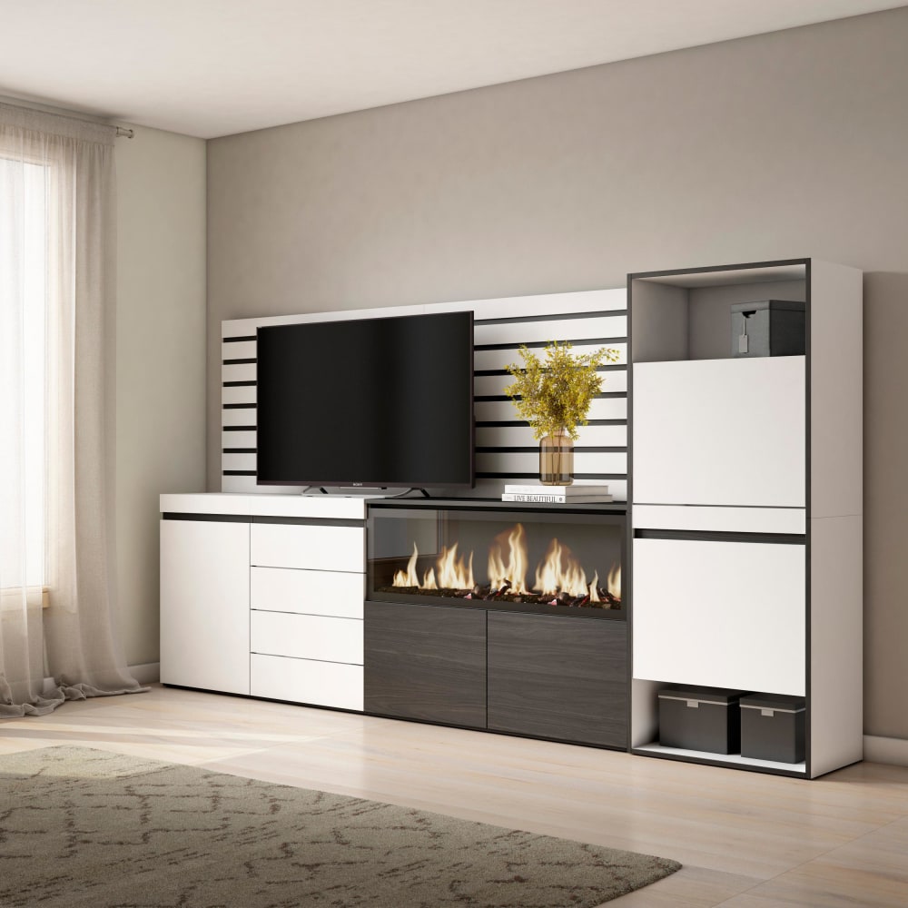 Skraut home Sideboard Holzeffekt Kamin mit Feuereffekt XXL 274x35x145cm Weiß style modern Weiß Spanplatte