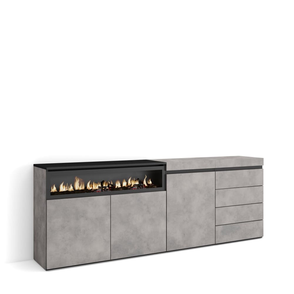 Buffet effet bois ciment 207x35x75cm cheminée effet feu