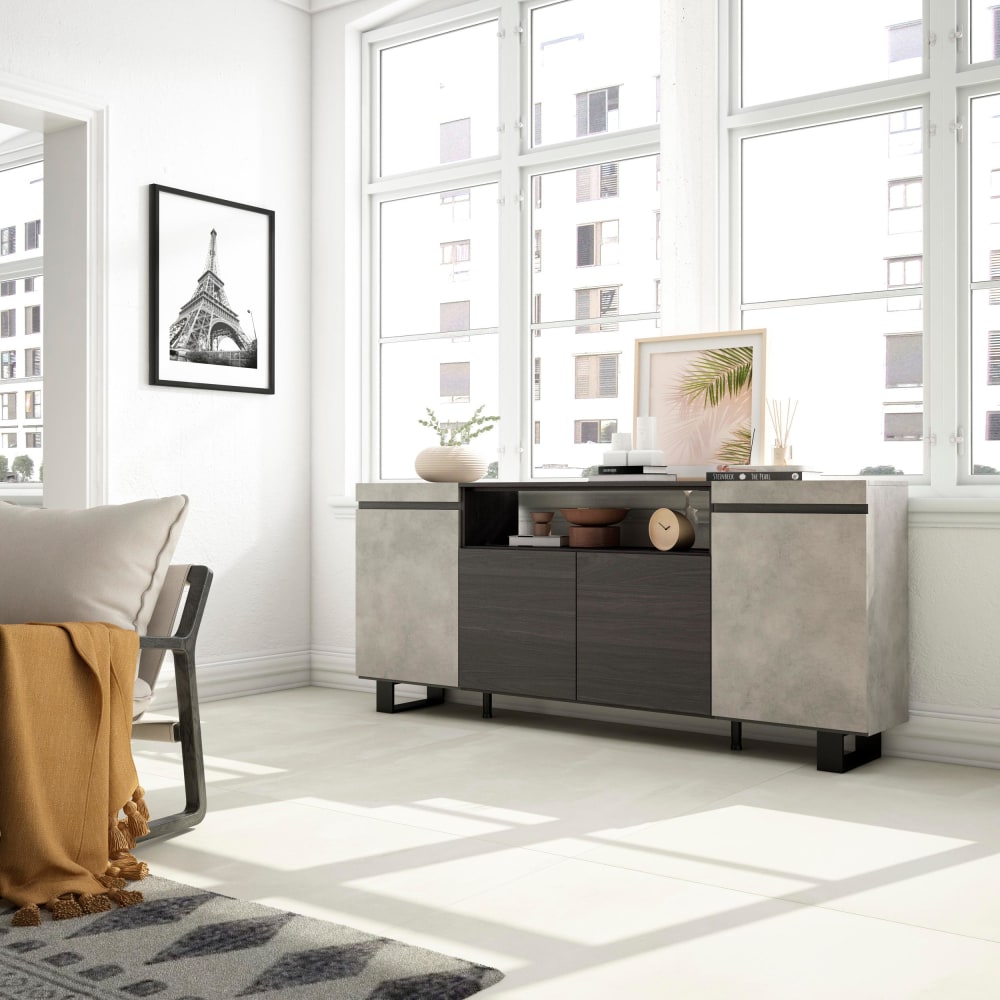 Skraut home Sideboard Holzeffekt mit Beinen 200x35x87cm Zement style modern Grau Spanplatte