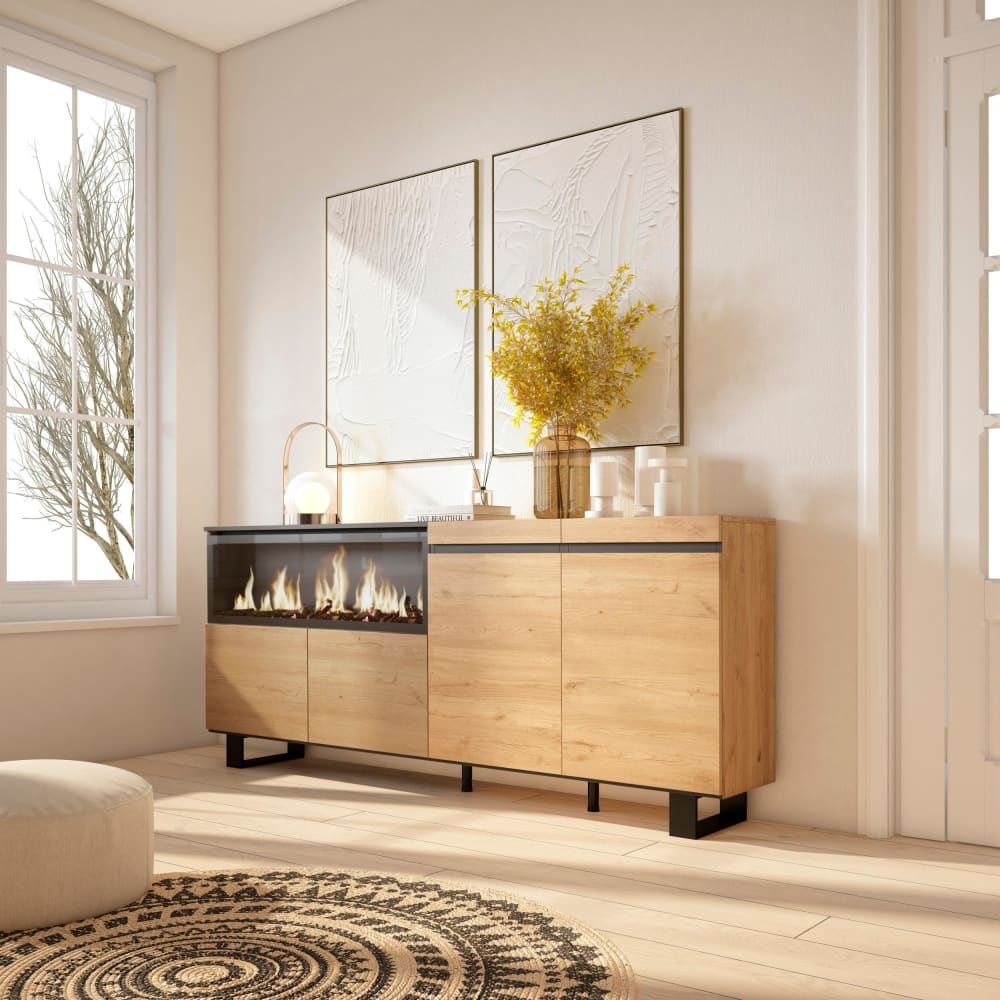 Skraut home Sideboard Holzeffekt 208x35x87cm Kamin mit Feuereffekt XXL Eiche style modern Beige Spanplatte