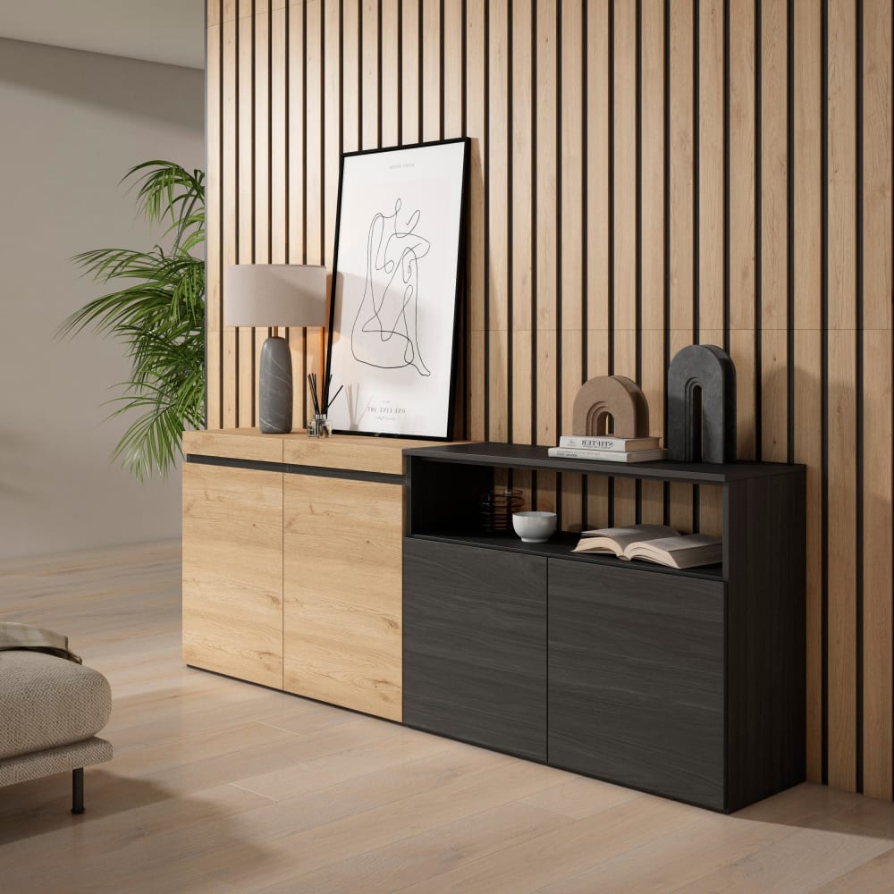 Skraut home Sideboard Holzeffekt 200x35x75cm Eiche und Schwarz style modern Beige Spanplatte