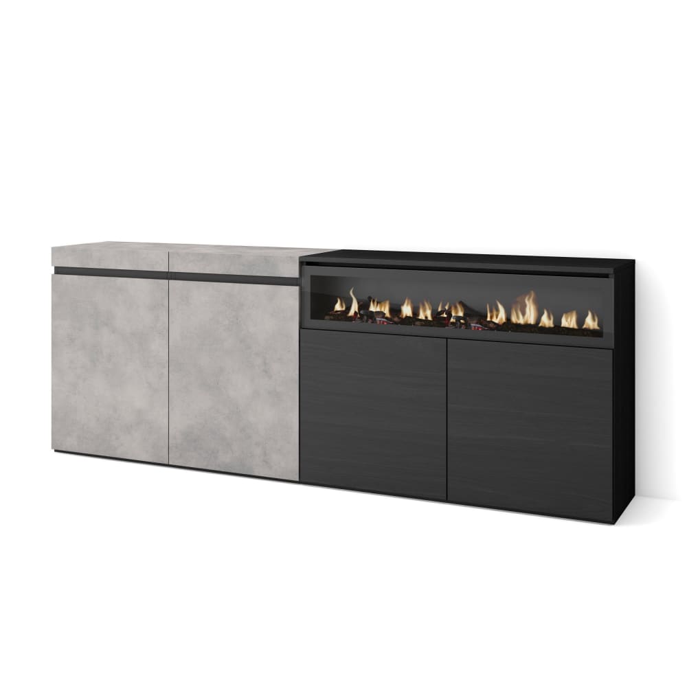 Sideboard Holzeffekt Kamin mit Feuereffekt 200x35x75cm Zement -