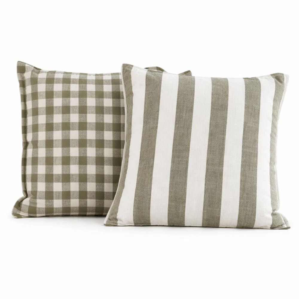 Housse de coussin 100% coton rayures et vichy lourmarin kaki 45x45 cm