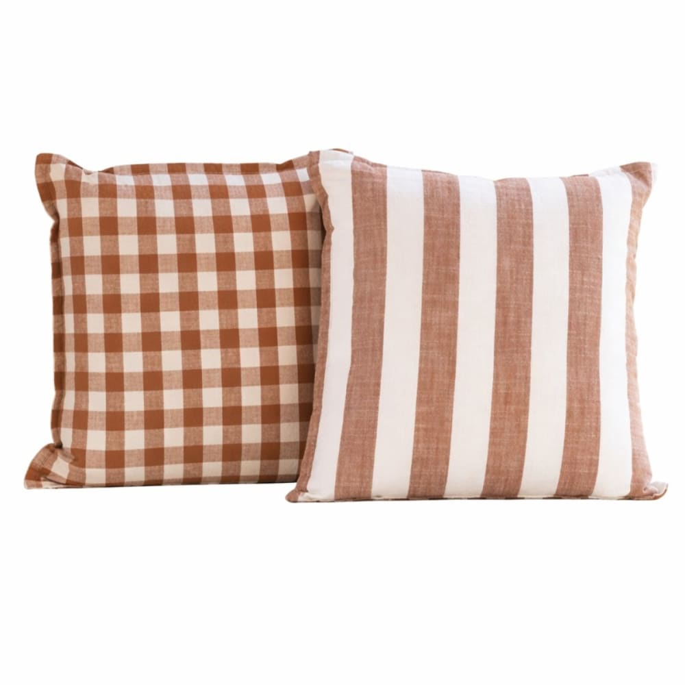 Housse de coussin 100% coton rayures et vichy lourmarin terracotta