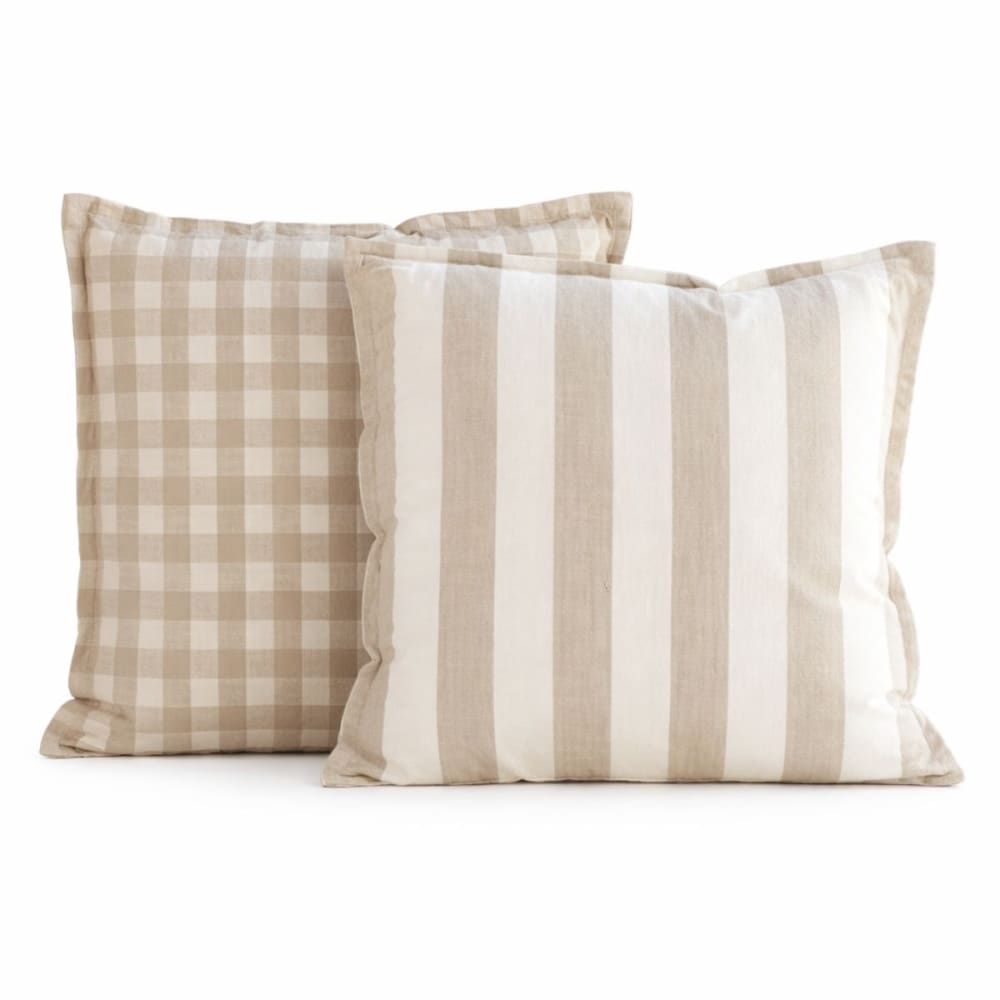 Housse de coussin 100% coton rayures et vichy lourmarin beige 45x45 cm