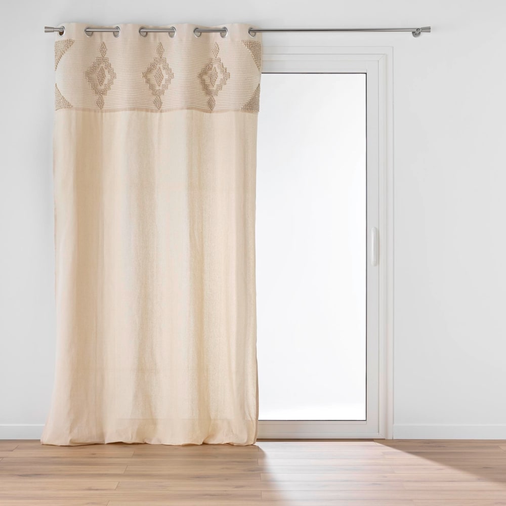 Rideau à œillets en poly-coton avec bande décorative coton naturel 140