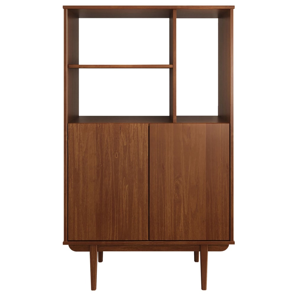 Buffet haut en bois massif 2 portes et étagères, coloris châtaignier