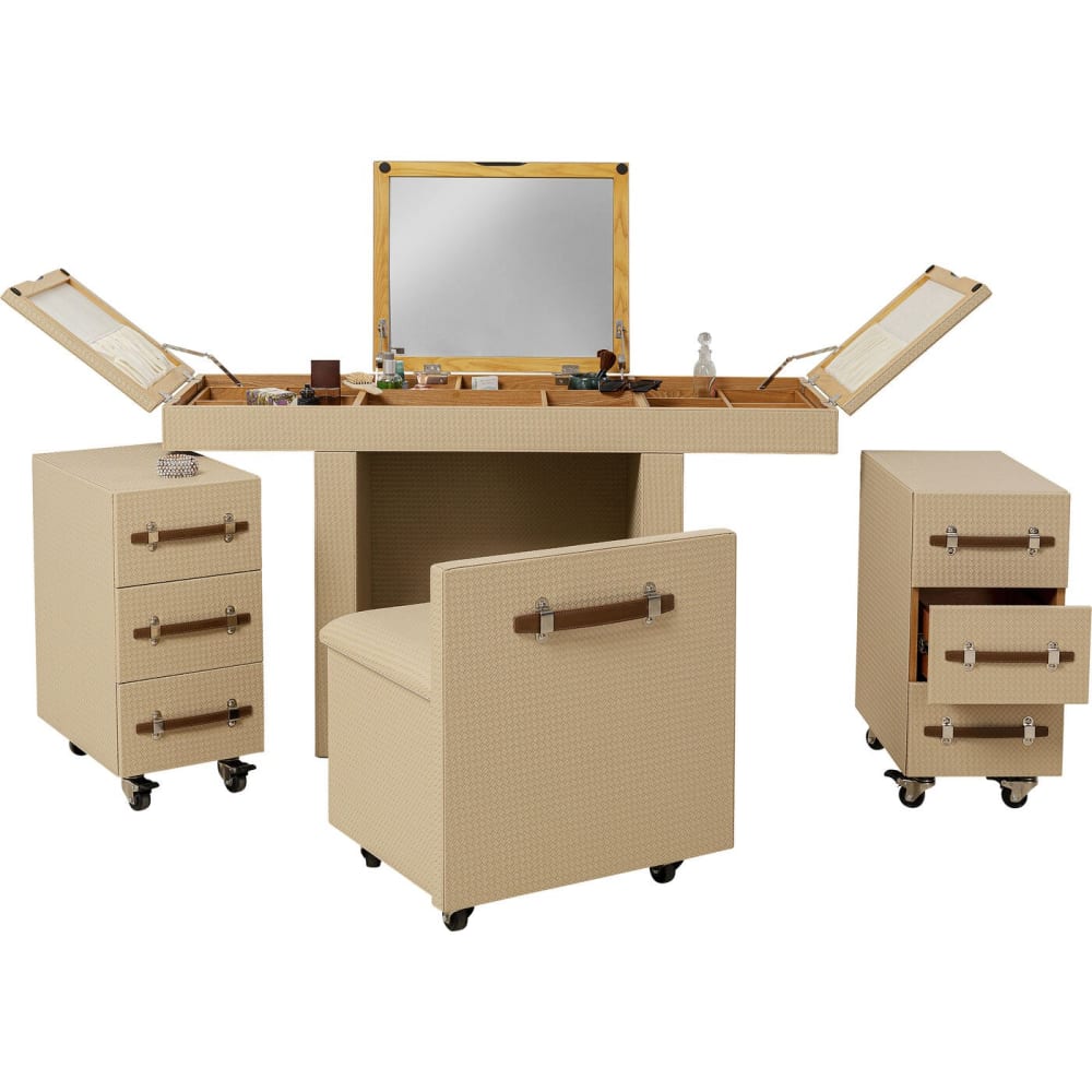 Coiffeuse sur roulettes en simili cuir crème tressé