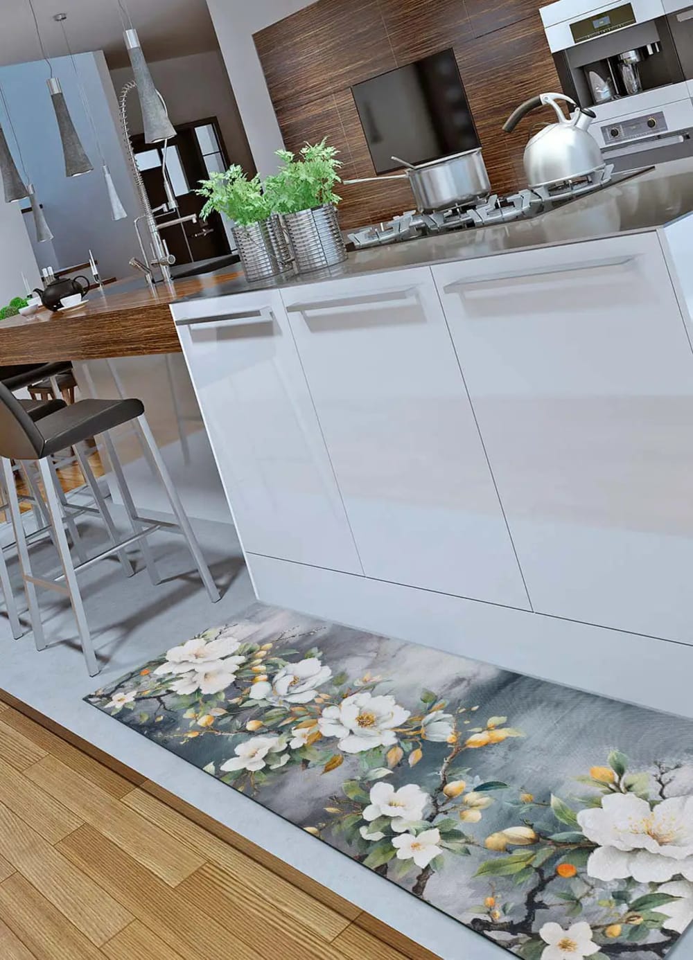 Tapis de cuisine lavable fleurs gris//blanc 52x200 cm — vue 3