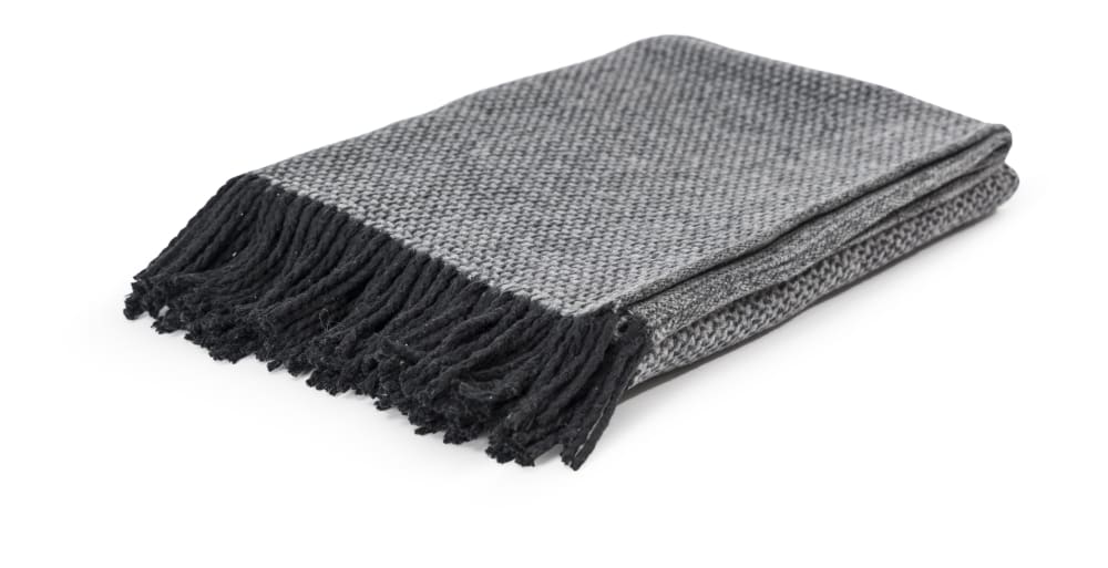 Plaid gris jacquard duveteux, franges, coton polyester recyclé 150X200 - Maisons du Monde