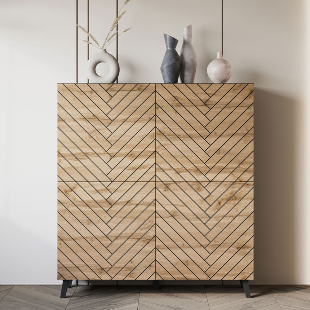 Highboard mit 3D-Muster aus MDF, schwarz / Eiche Wotan,