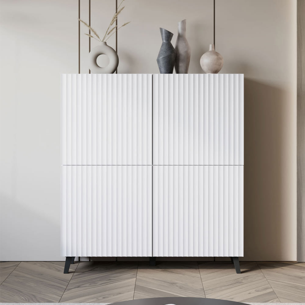 Highboard mit gerilltem Muster aus MDF, Weiß, 120x39x128cm -