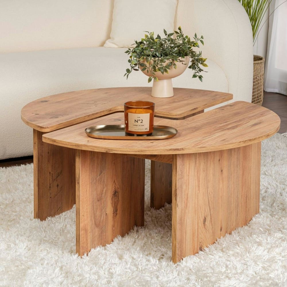 Table basse ronde design puzzle - décor pin