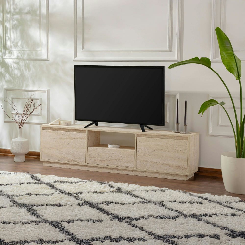 Meuble tv 160 cm 3 portes 1 niche - décor travertin
