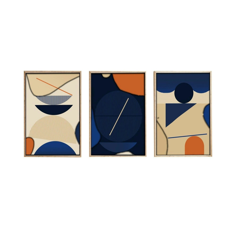 Tableau graphique bleus et orange – cadre bois (lot de 3)