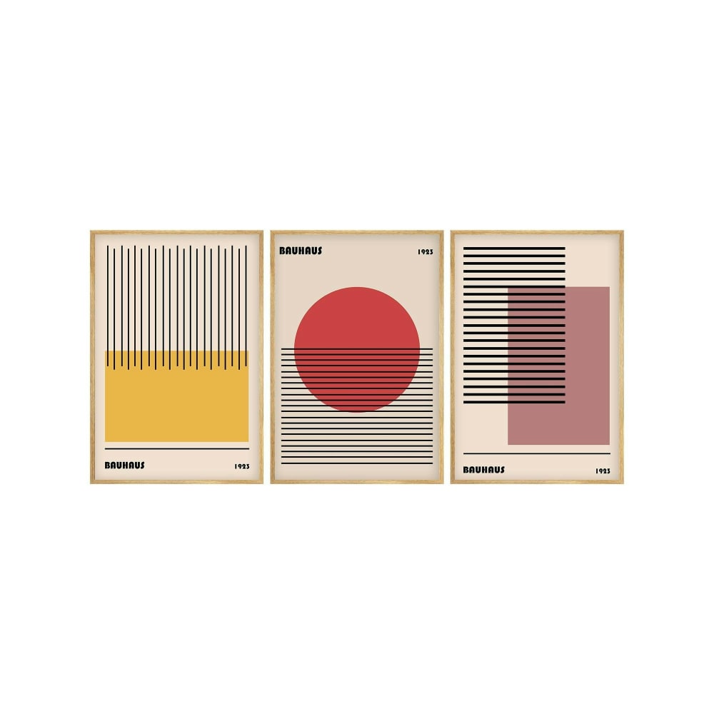 Tableau abstrait – style Bauhaus, cadre bois (lot de 3)