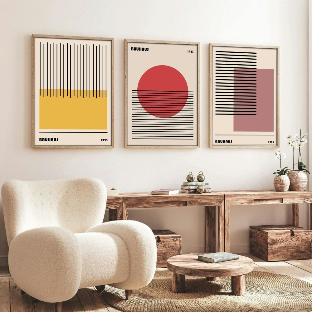 Tableau abstrait – style Bauhaus, cadre bois (lot de 3)