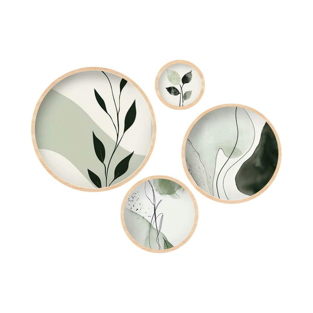 Tableau rond nature vert et blanc – cadre bois (set de 4)