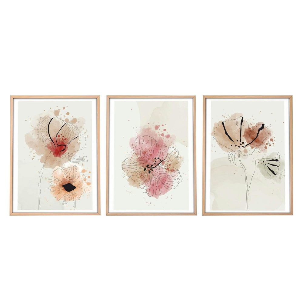 Tableau floral aquarelle rose et beige – lot de 3