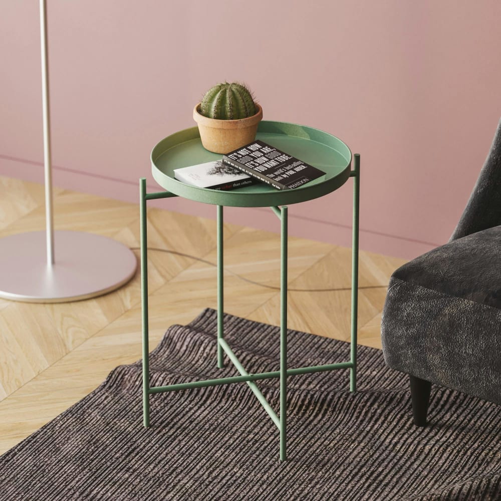 Bout de canapé rond 46 cm métal vert moderne