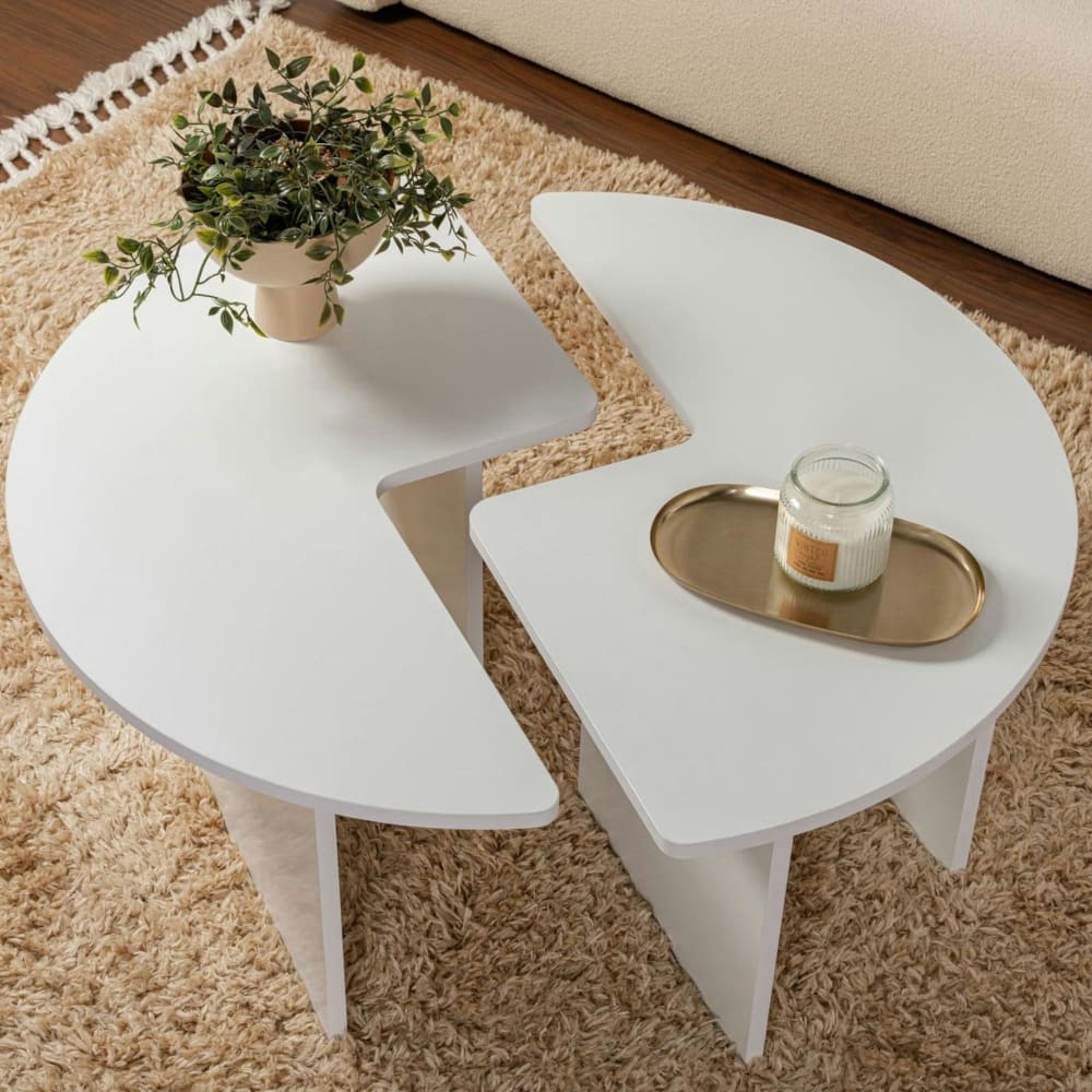 Table basse ronde design puzzle - décor blanc laqué