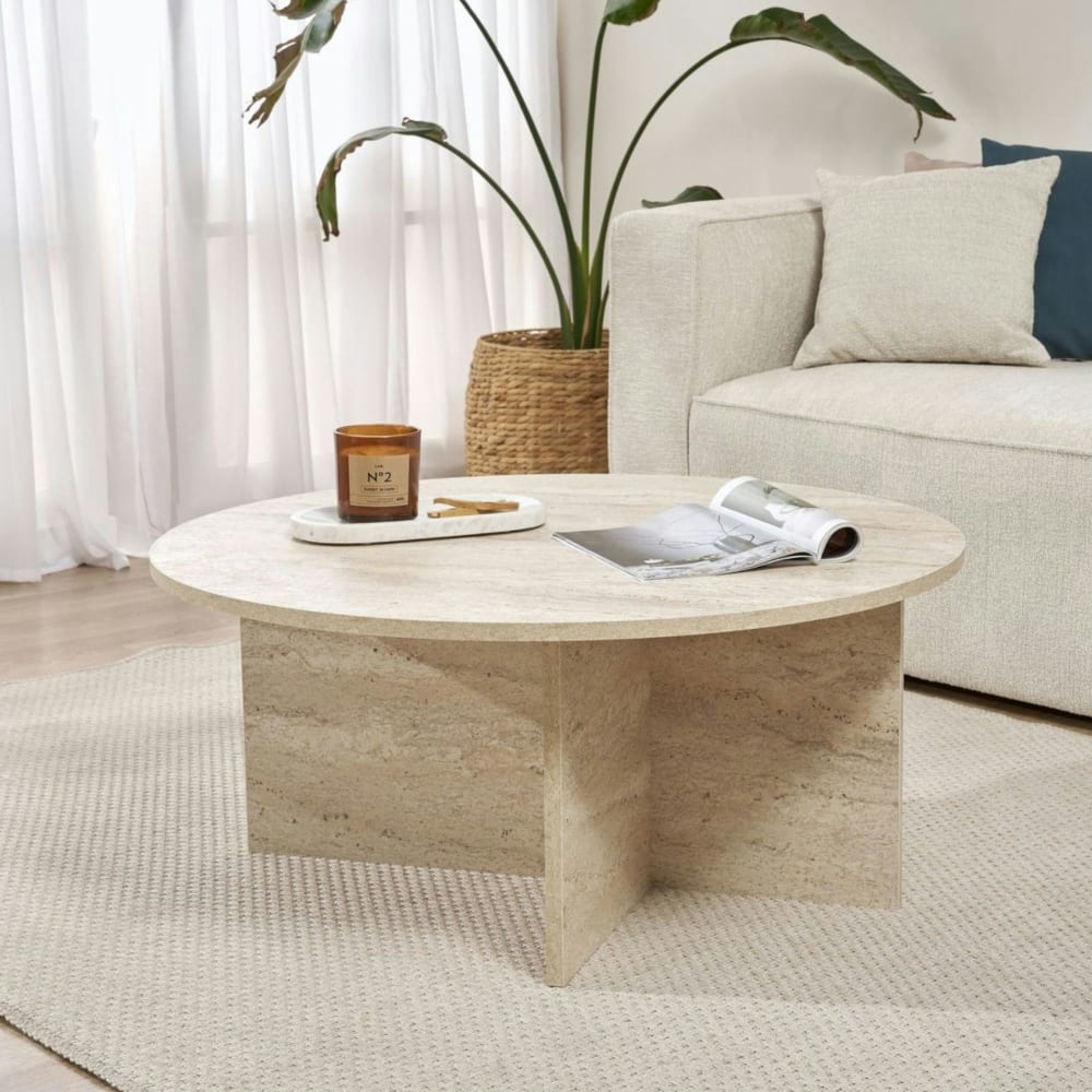 Table basse ronde moderne - décor travertin