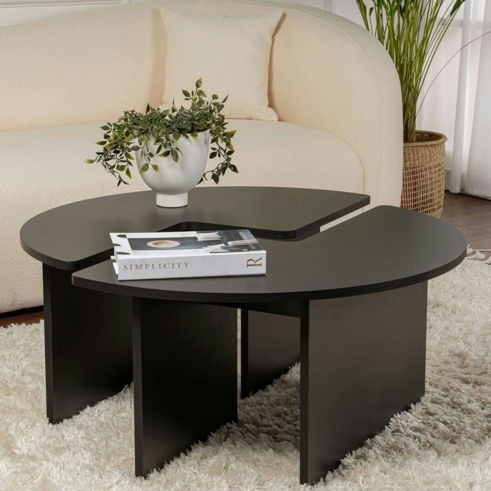 Table basse ronde design puzzle - décor bois noir