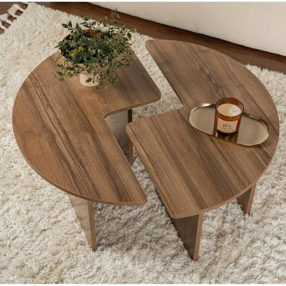 Table basse ronde design puzzle - décor noyer