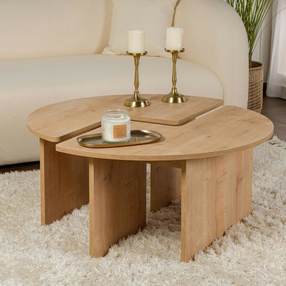 Table basse ronde design puzzle - décor chêne